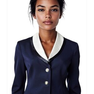 ST JOHN Vintage $1500 When New Women’s Black Knit Jacket with White Silk Collar!
